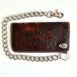 Tooled Leather Biker Wallet "Creeper" 18" Chain Skull Badge Bi-Fold